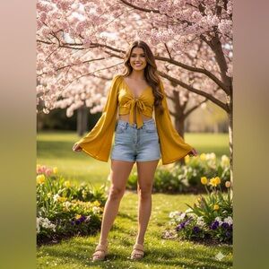 Nasty Gal Yellow Long Sleeve Tie-Front Crop Top--Women's small